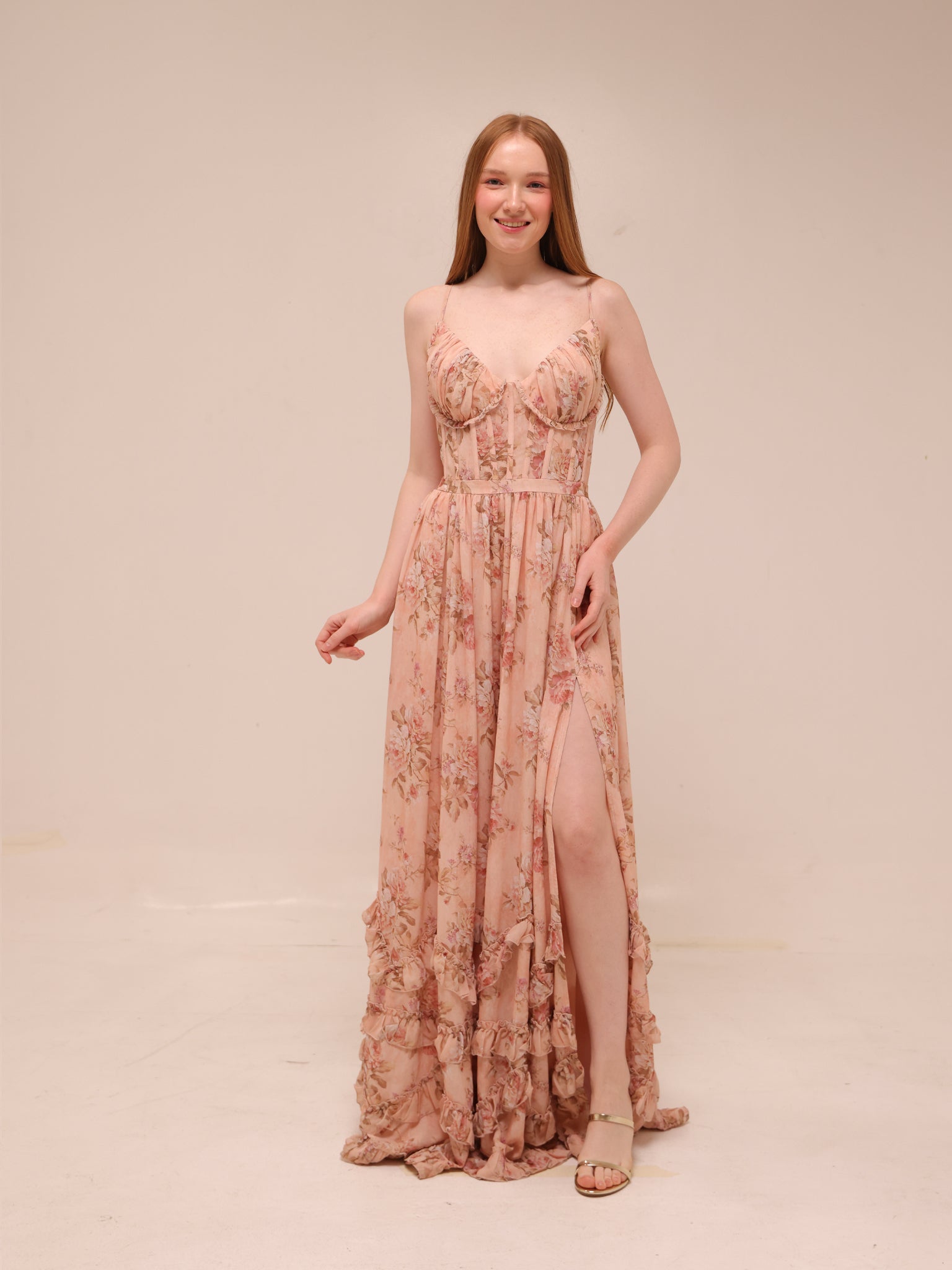 The Carmen Dress in Peach Tapestry