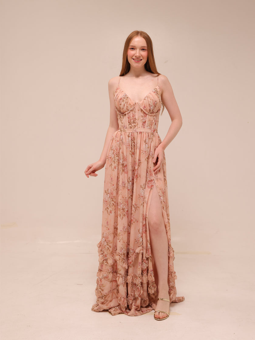 The Carmen Dress in Peach Tapestry
