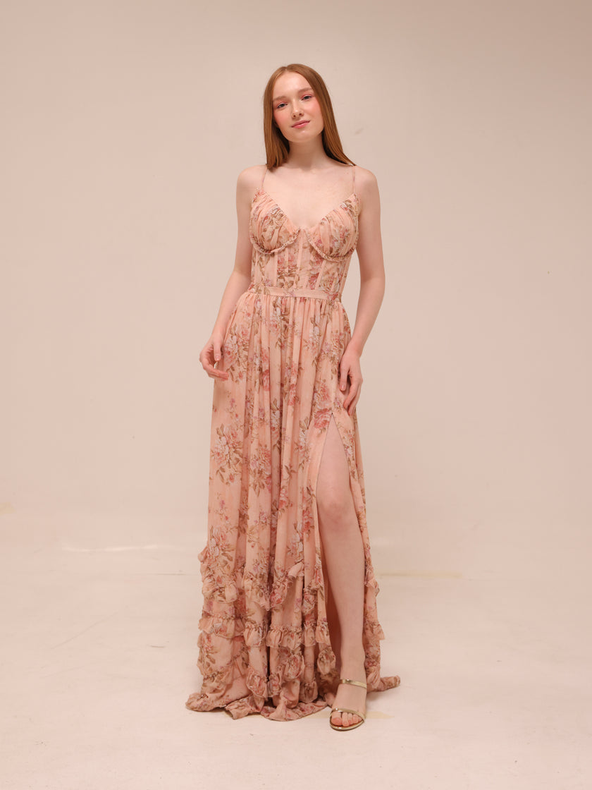 The Carmen Dress in Peach Tapestry