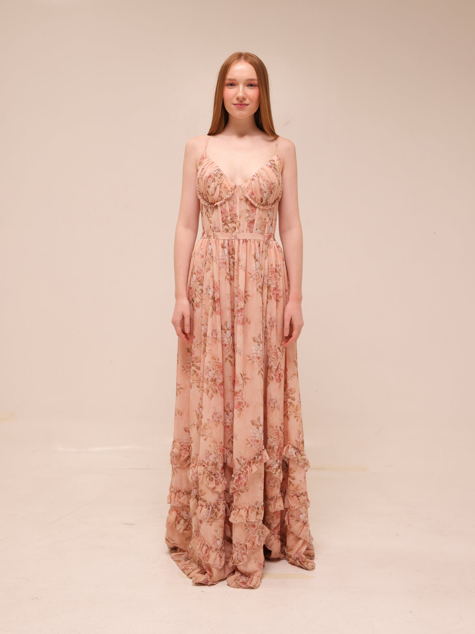 The Carmen Dress in Peach Tapestry