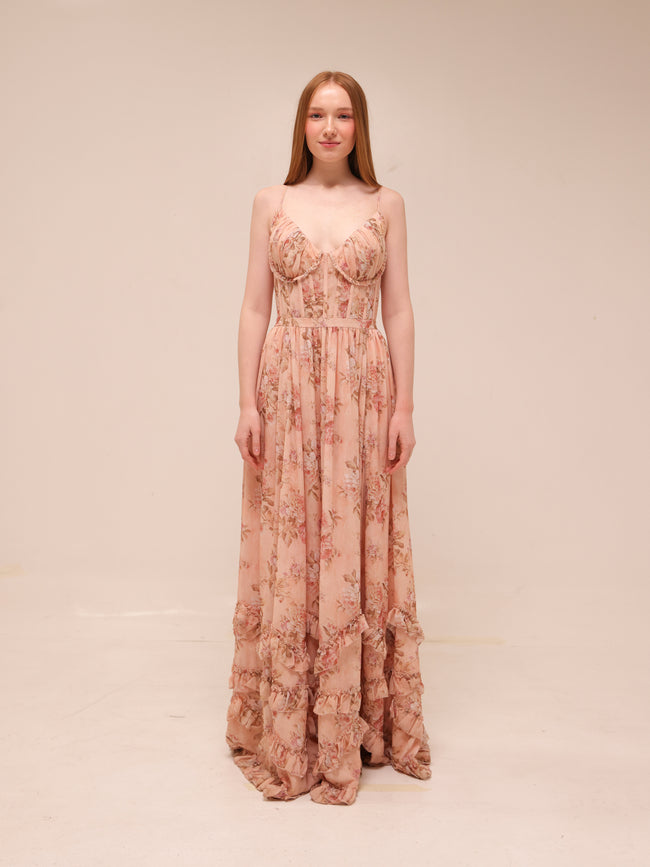 The Carmen Dress in Peach Tapestry