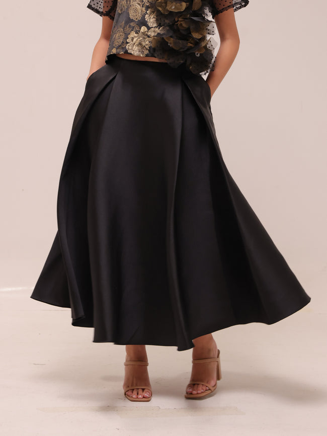 Box Pleat Midi Skirt  in Black