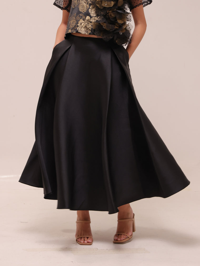 Box Pleat Midi Skirt  in Black