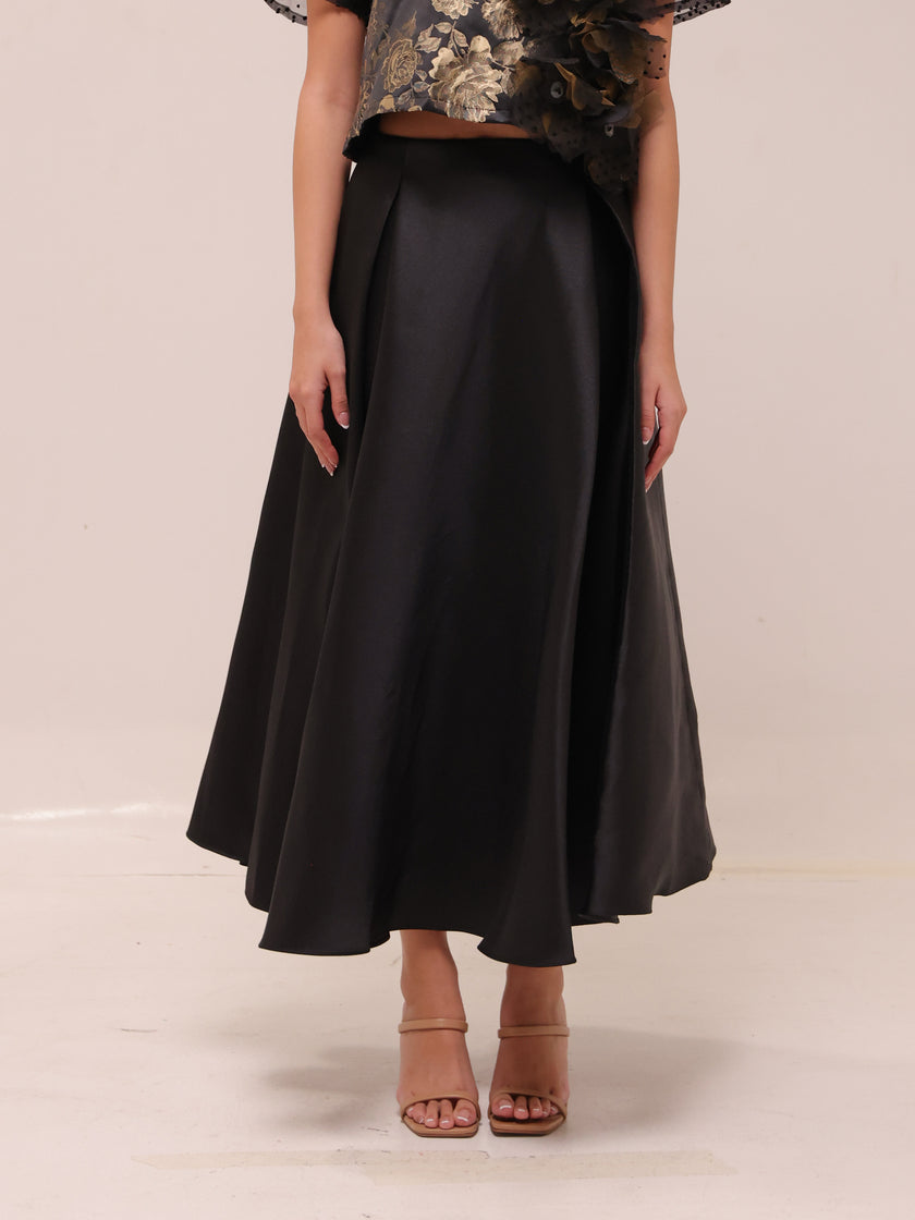 Box Pleat Midi Skirt  in Black