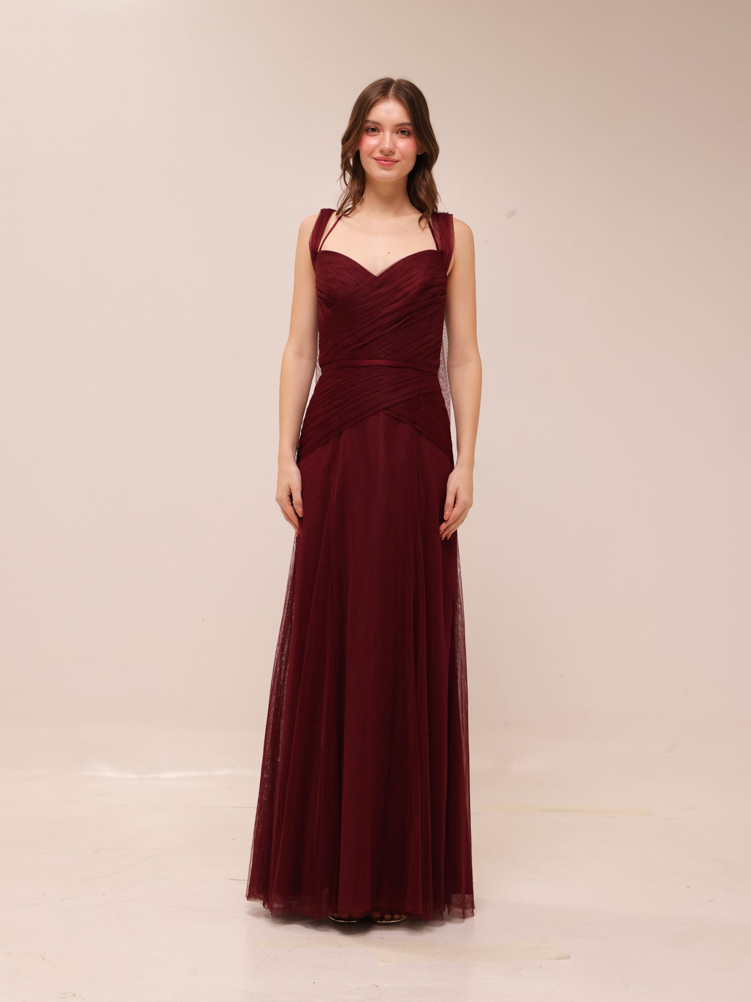 Vintage Draped Tulle Gown in Burgundy