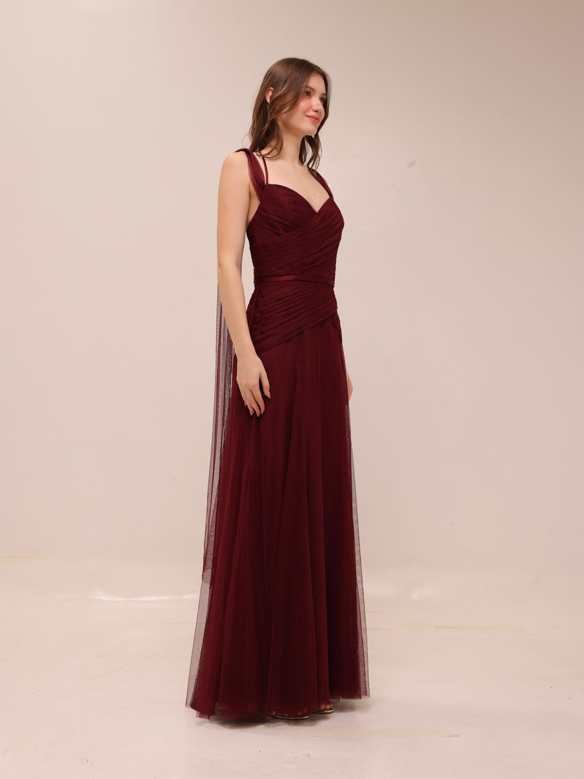 Vintage Draped Tulle Gown in Burgundy