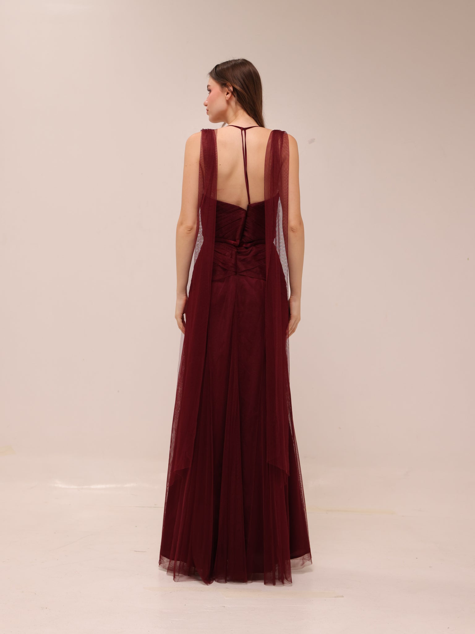Vintage Draped Tulle Gown in Burgundy