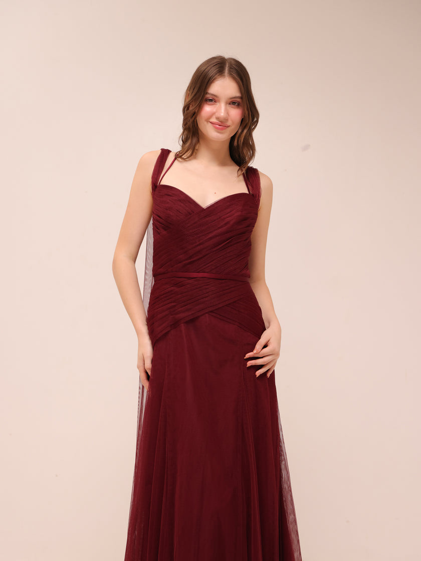 Vintage Draped Tulle Gown in Burgundy