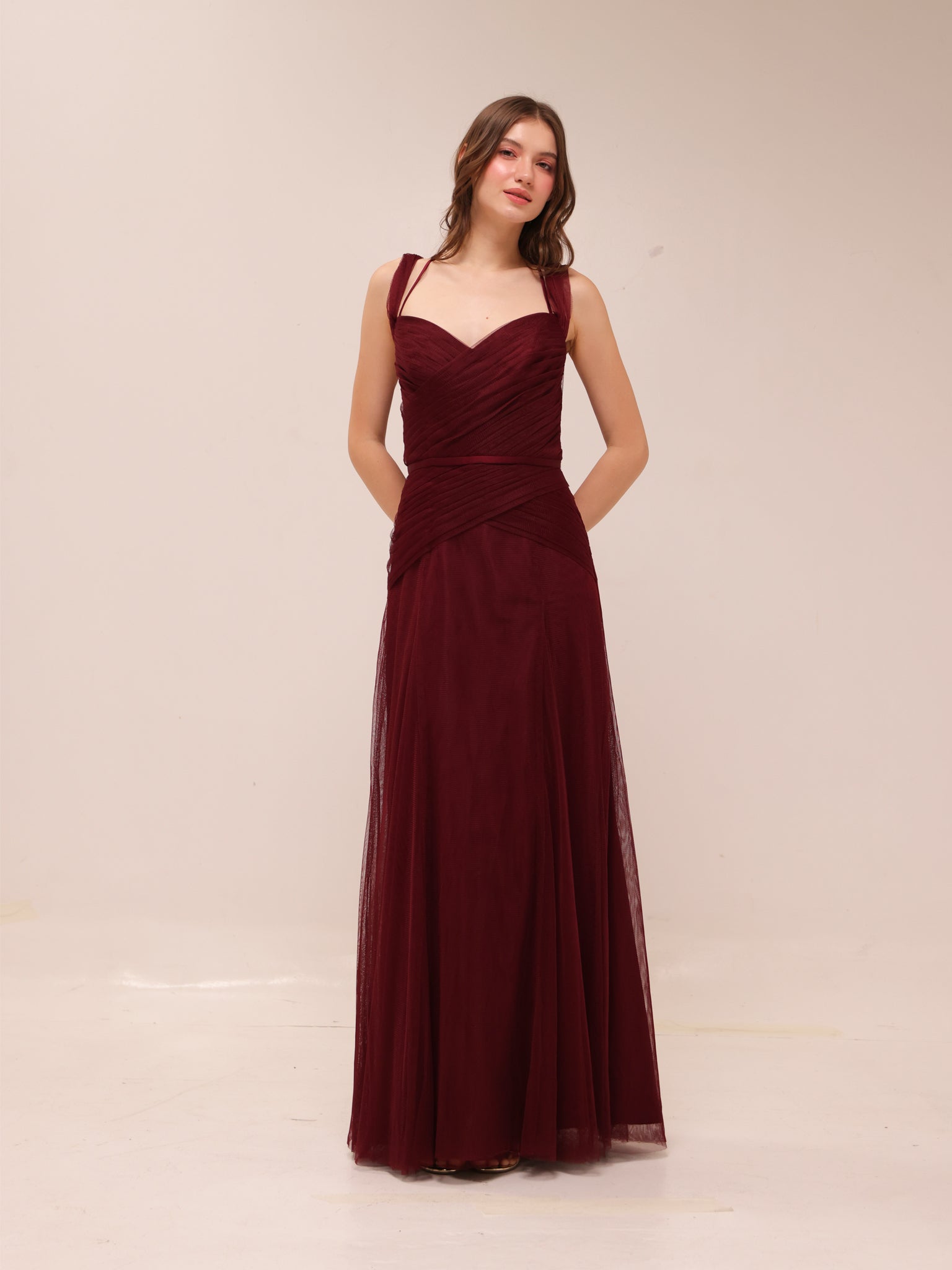 Vintage Draped Tulle Gown in Burgundy
