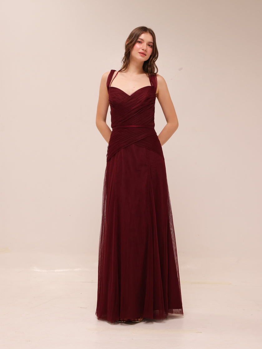 Vintage Draped Tulle Gown in Burgundy