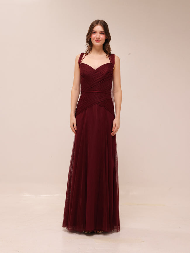 Vintage Draped Tulle Gown in Burgundy