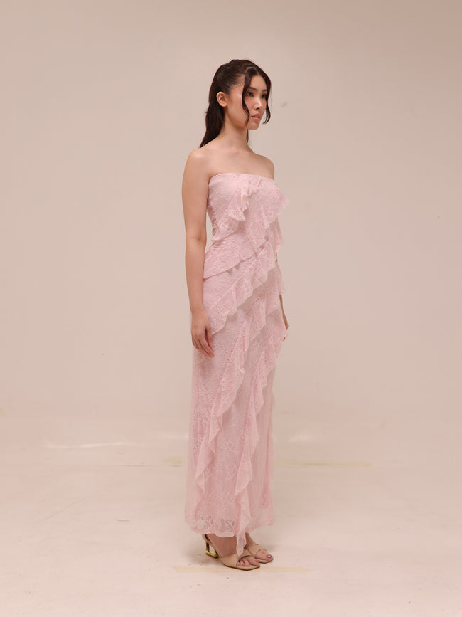 Soft Ruffle Lace Strapless Midi Dress