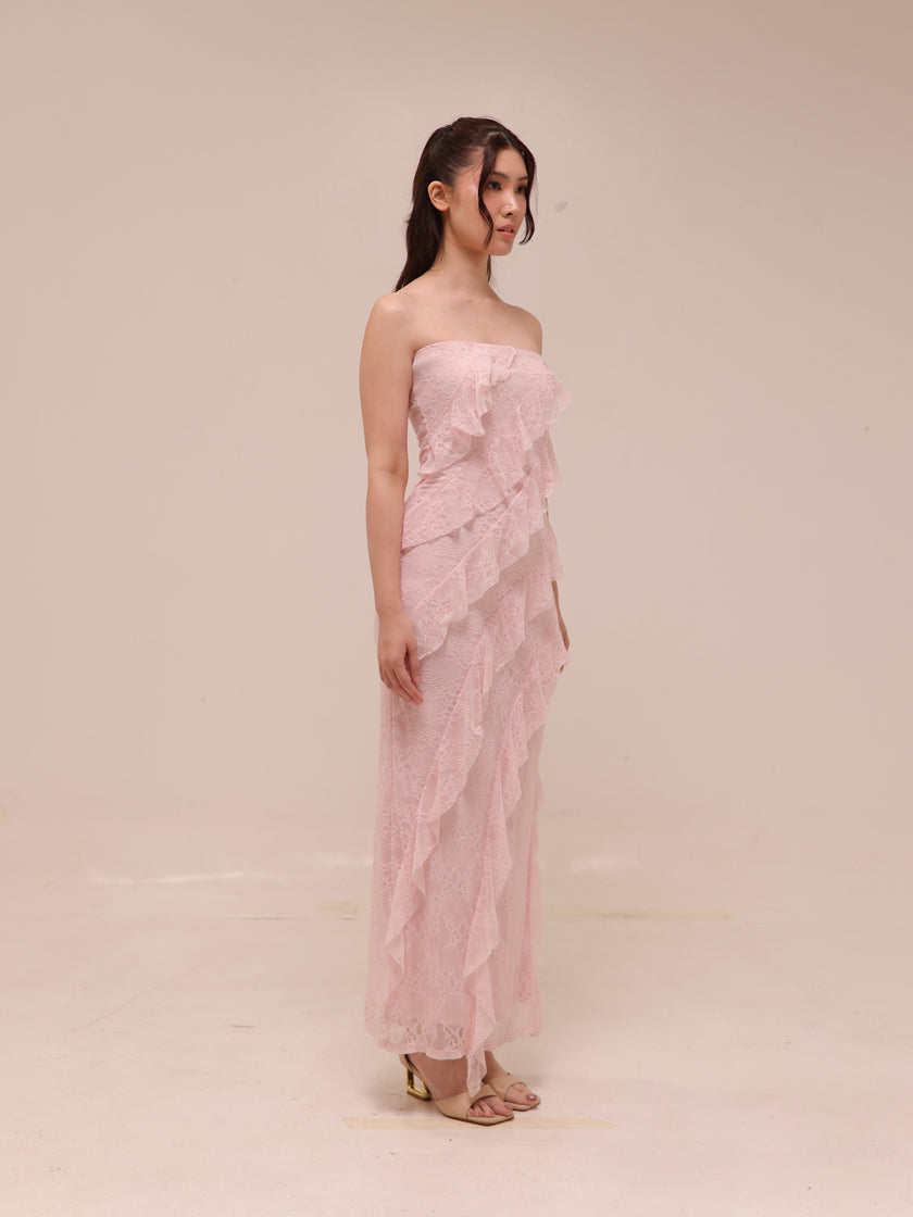 Soft Ruffle Lace Strapless Midi Dress