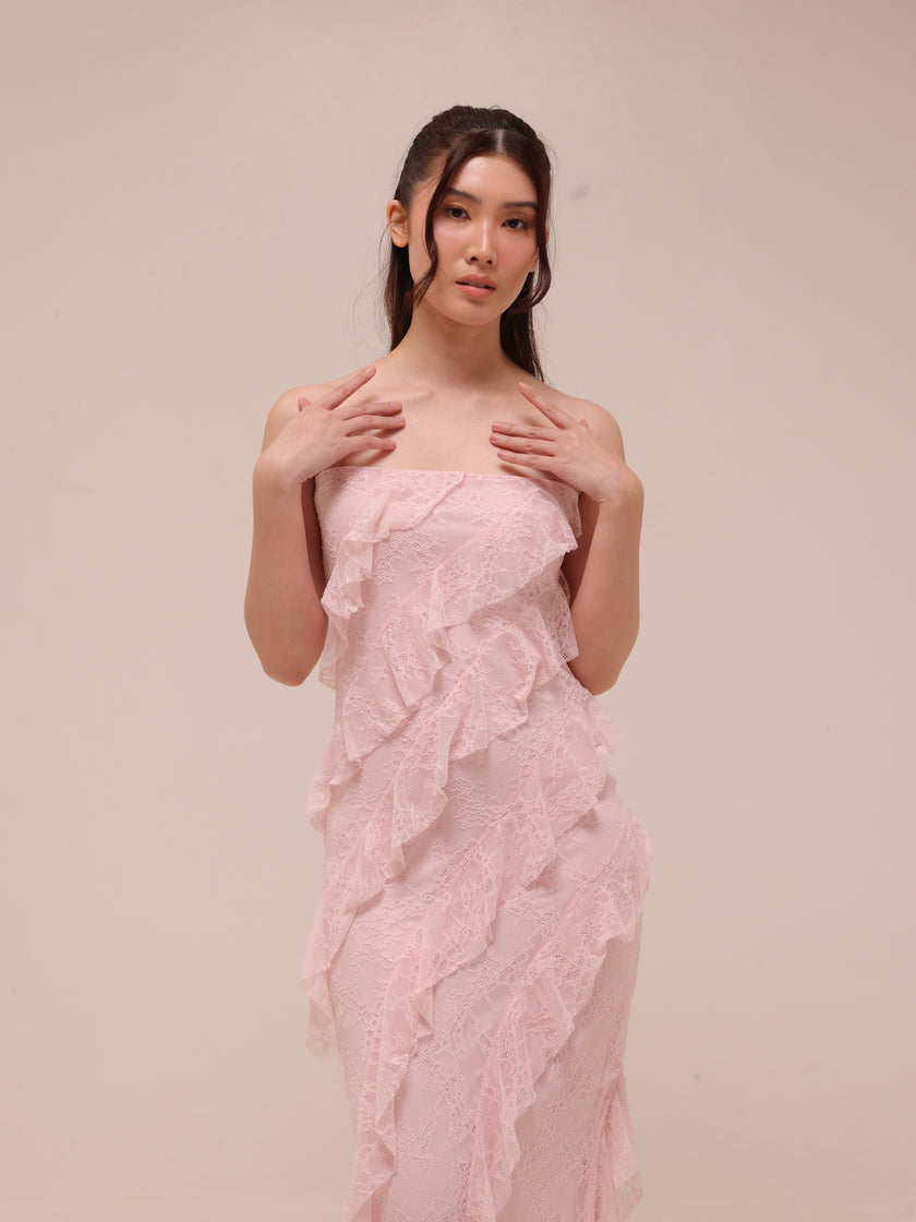 Soft Ruffle Lace Strapless Midi Dress