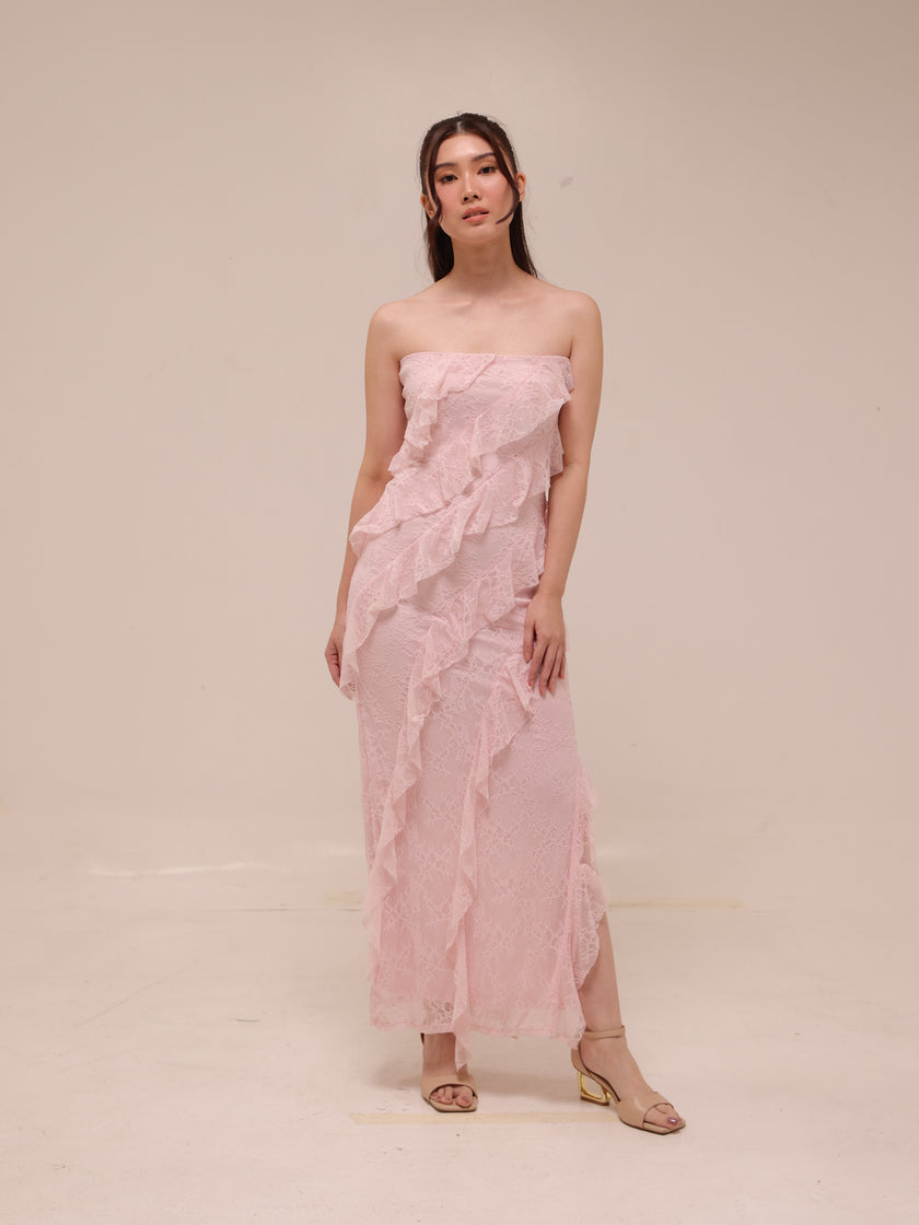 Soft Ruffle Lace Strapless Midi Dress