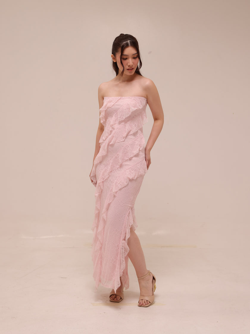 Soft Ruffle Lace Strapless Midi Dress