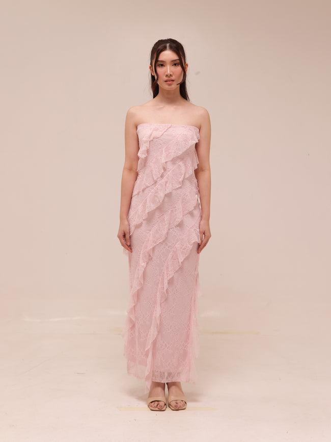 Soft Ruffle Lace Strapless Midi Dress