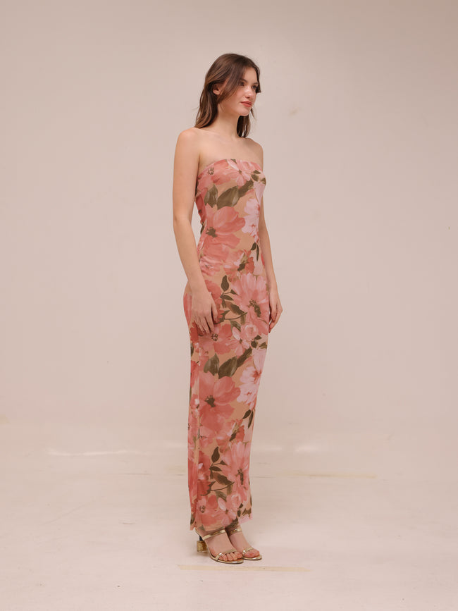 Major Beauty Floral Satin Strapless Maxi Dress
