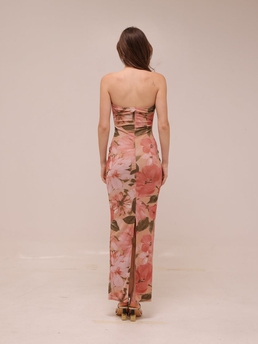 Major Beauty Floral Satin Strapless Maxi Dress