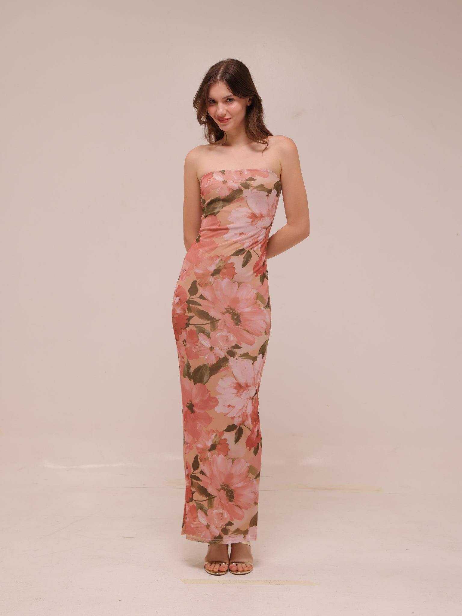 Major Beauty Floral Satin Strapless Maxi Dress