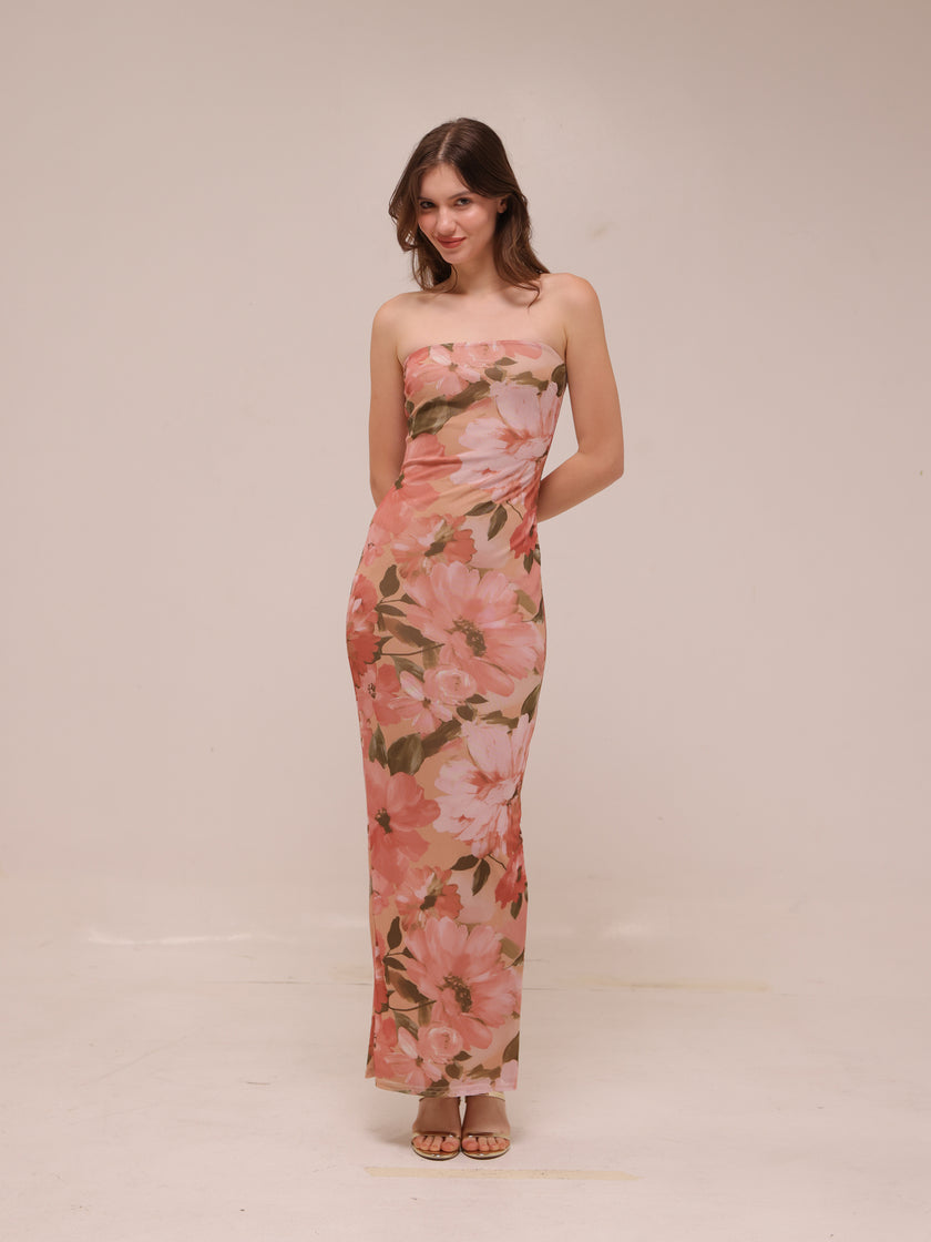 Major Beauty Floral Satin Strapless Maxi Dress