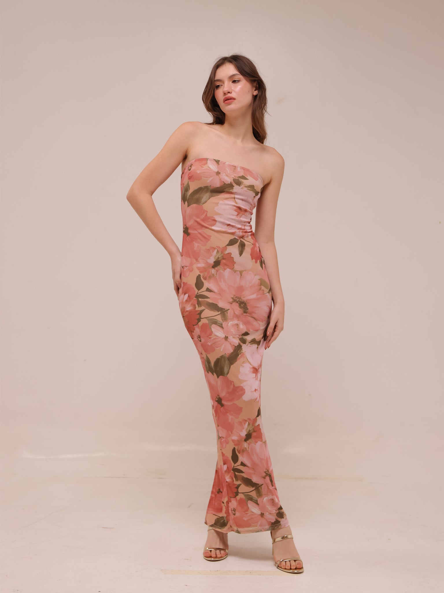 Major Beauty Floral Satin Strapless Maxi Dress