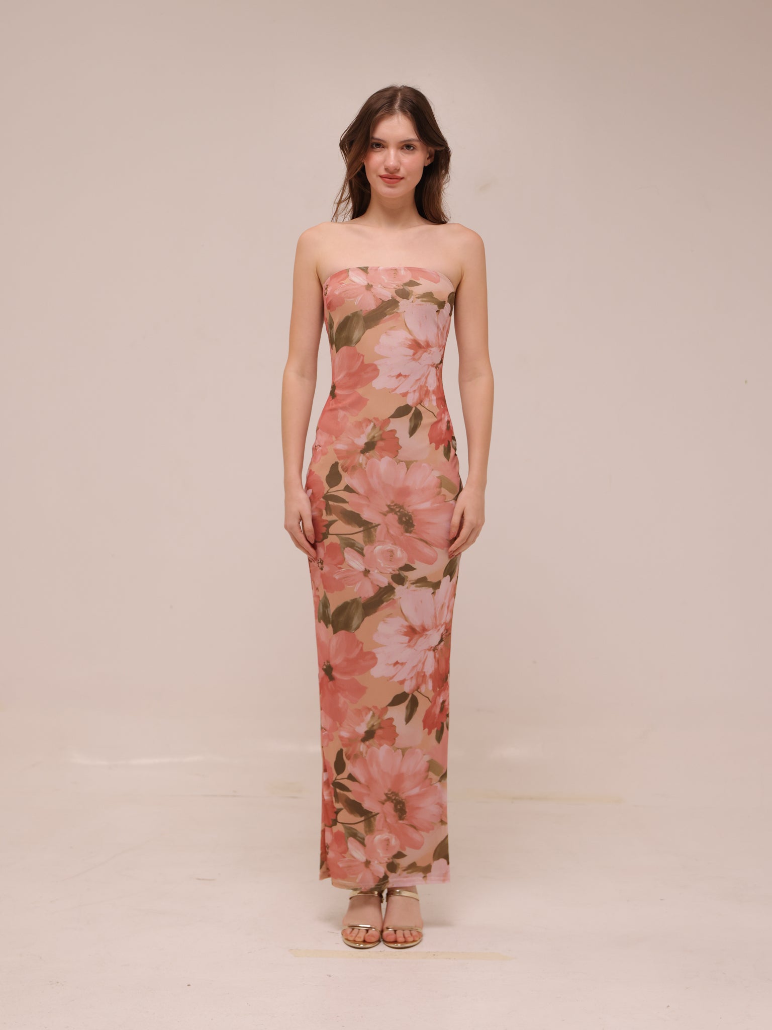Major Beauty Floral Satin Strapless Maxi Dress