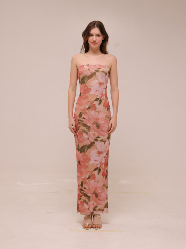 Major Beauty Floral Satin Strapless Maxi Dress