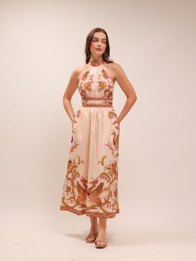 Cassia Halter Bow Midi Dress Print