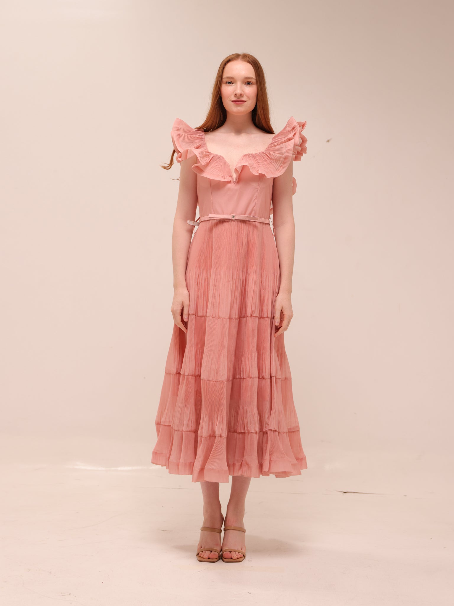 Pleated Frilled Midi Dress