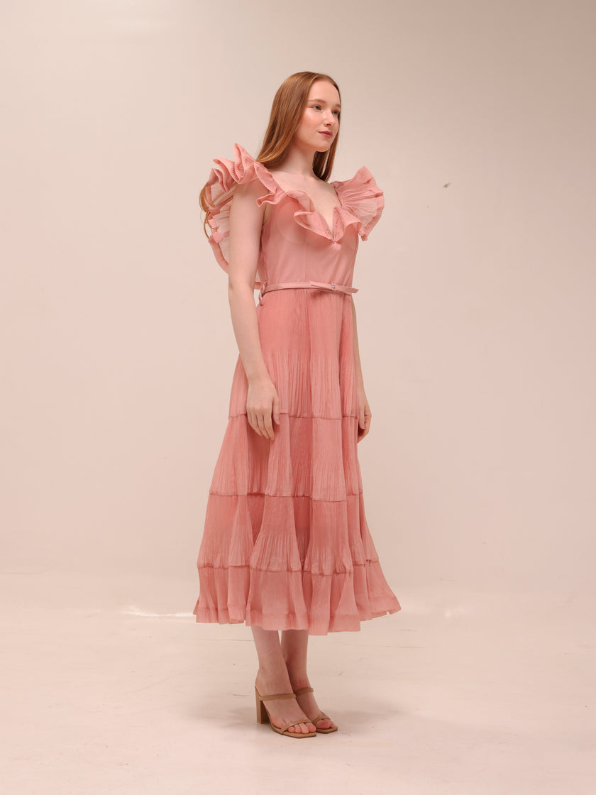 Pleated Frilled Midi Dress