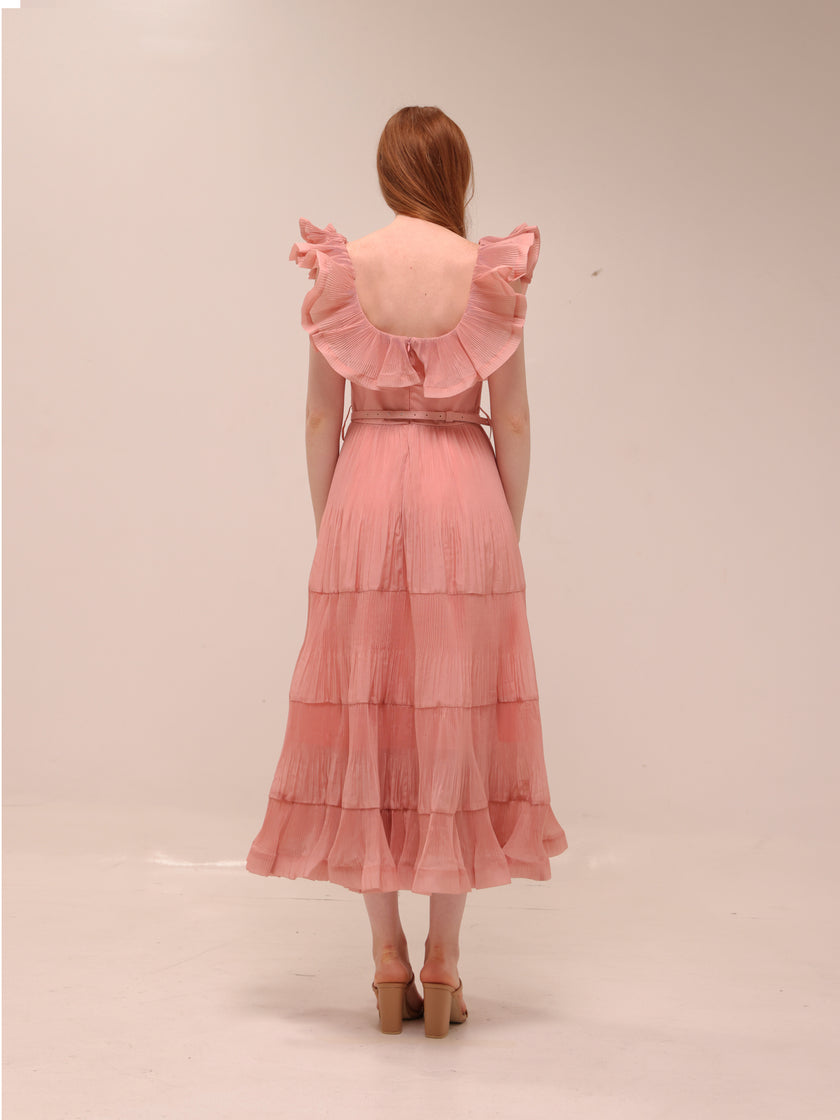 Pleated Frilled Midi Dress