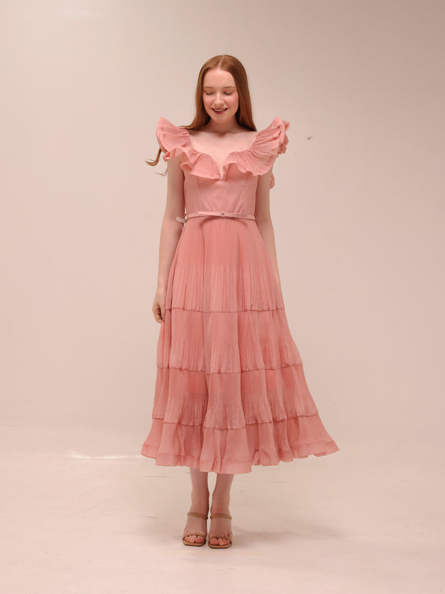 Pleated Frilled Midi Dress