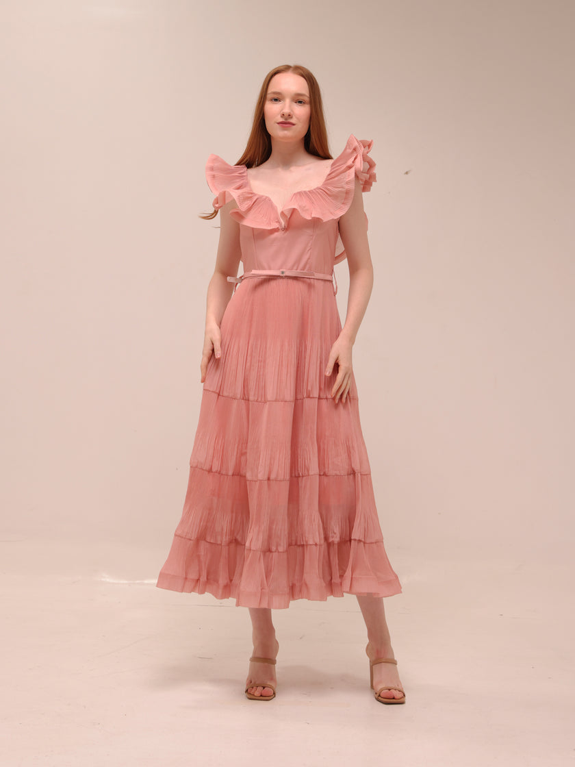 Pleated Frilled Midi Dress