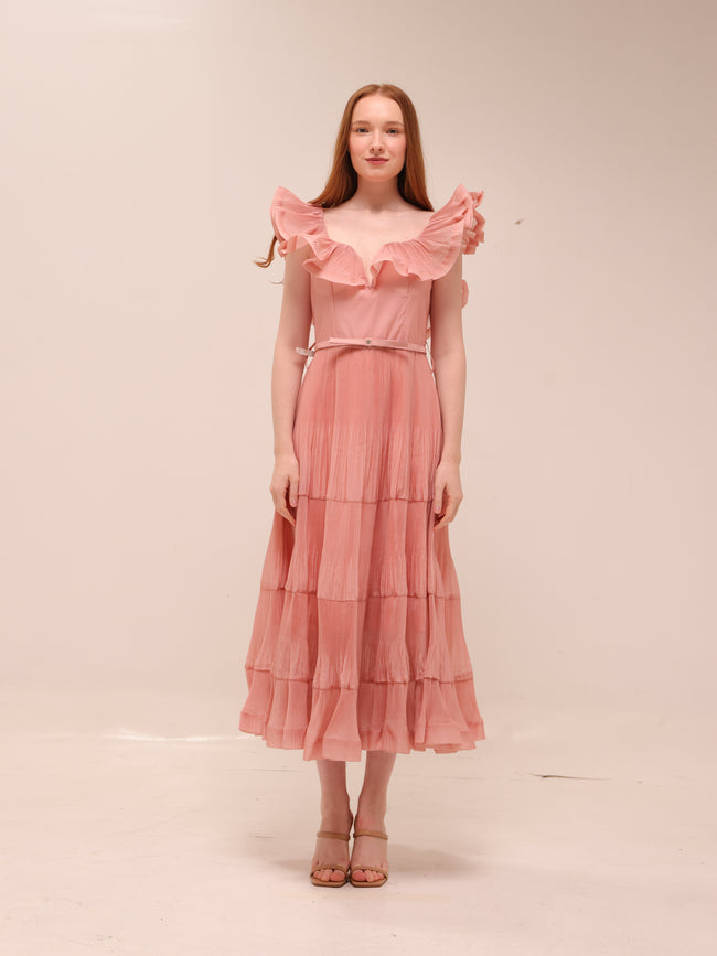 Pleated Frilled Midi Dress