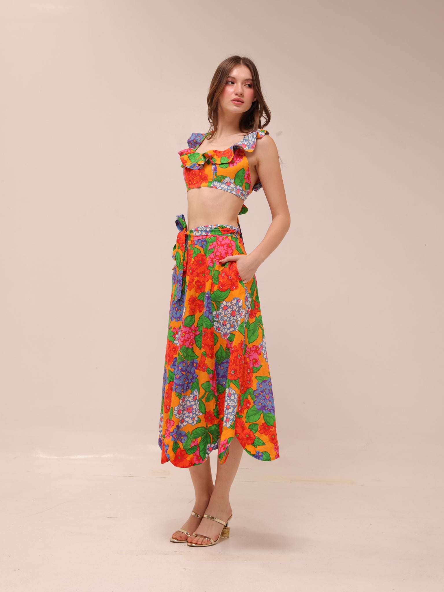 Riders Frill Neck Crop Top and Scallop Hem Skirt