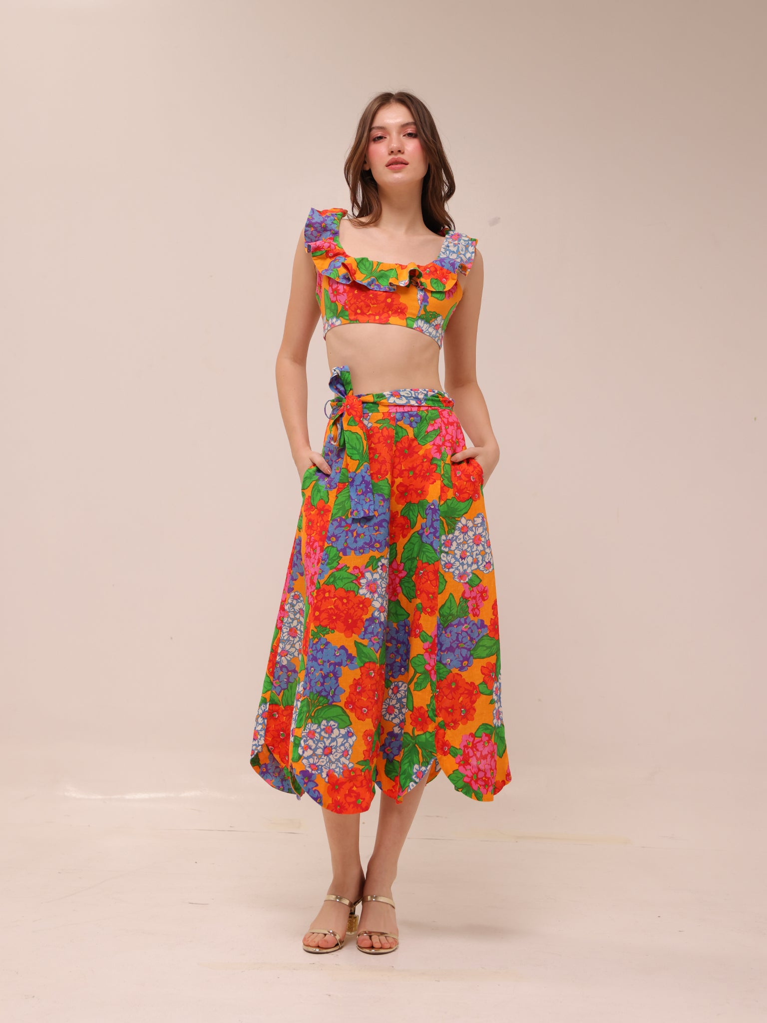 Riders Frill Neck Crop Top and Scallop Hem Skirt