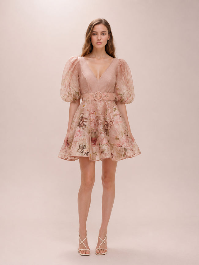 Dancer Puff Sleeve Mini Dress in Blush Garden Floral