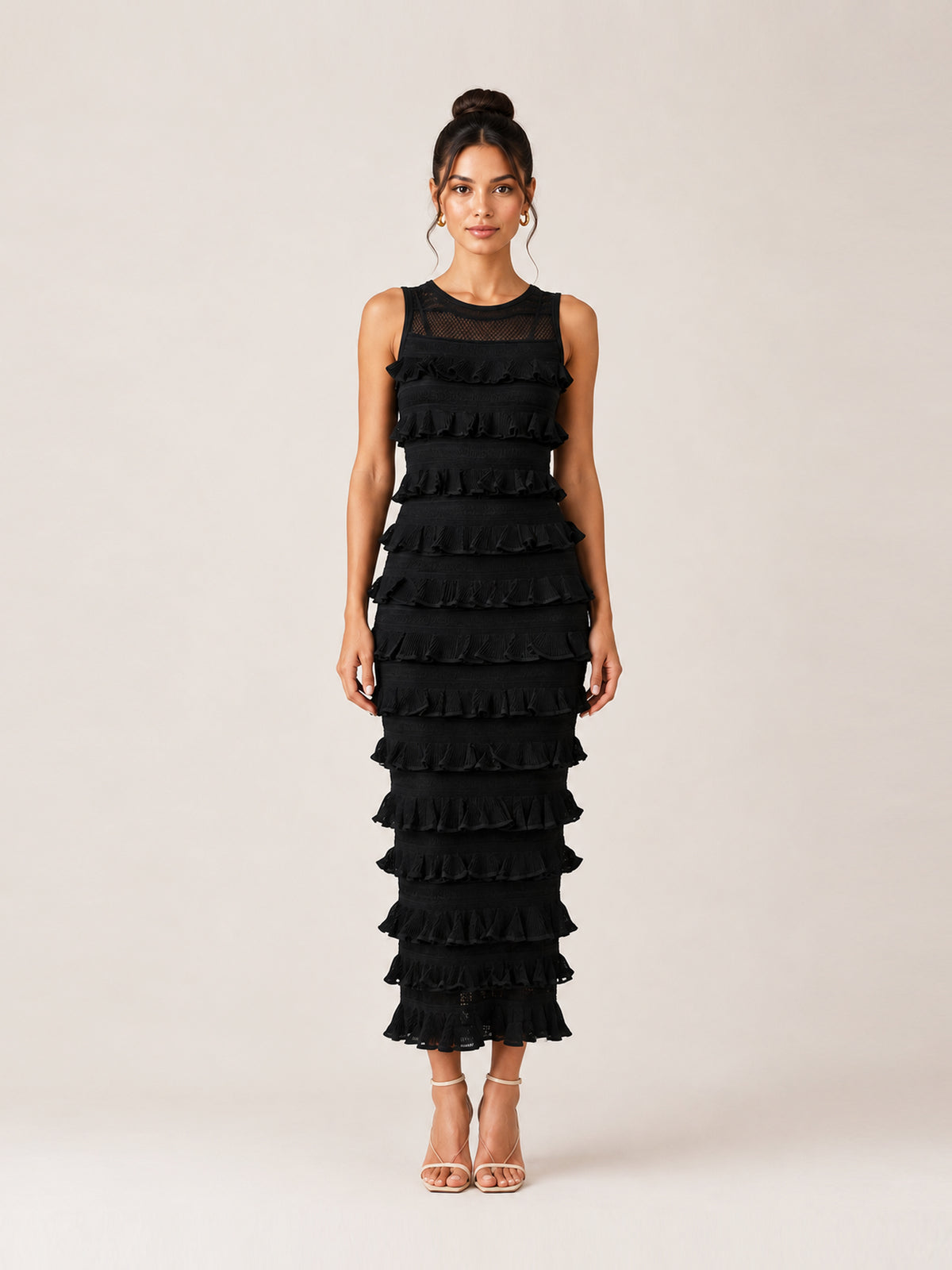 Ruffled Tiered Crochet-Knit Midi Dress