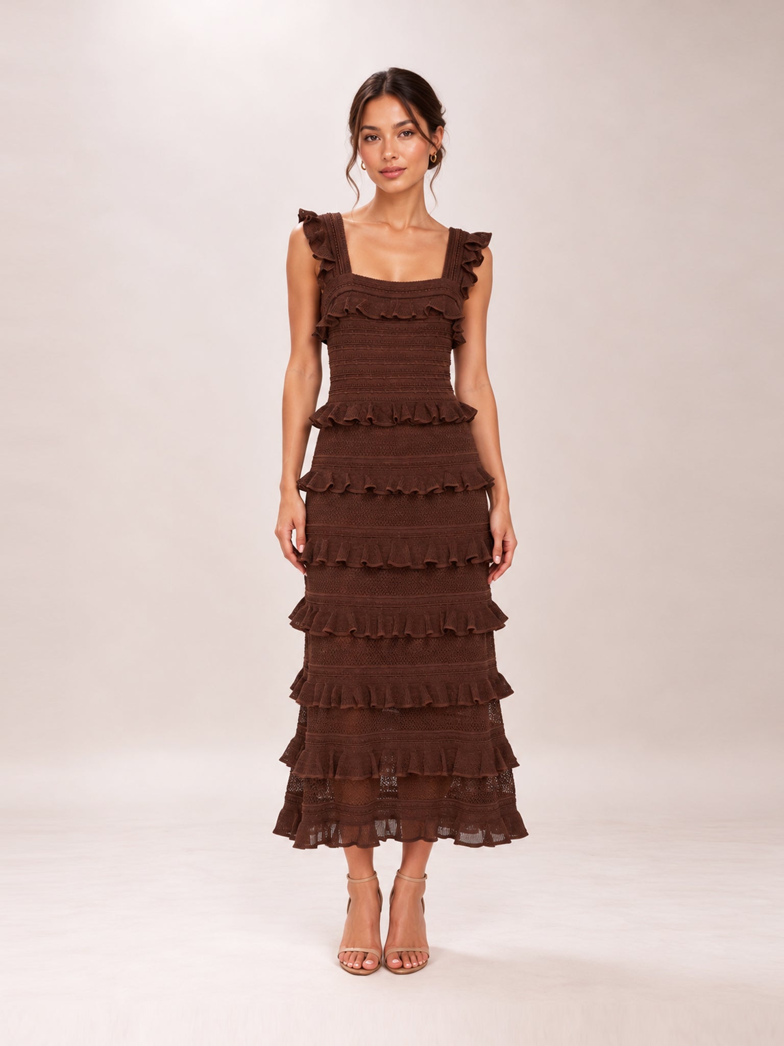 Metallic Chocolate Hypnotic Lace Frill Midi Dress