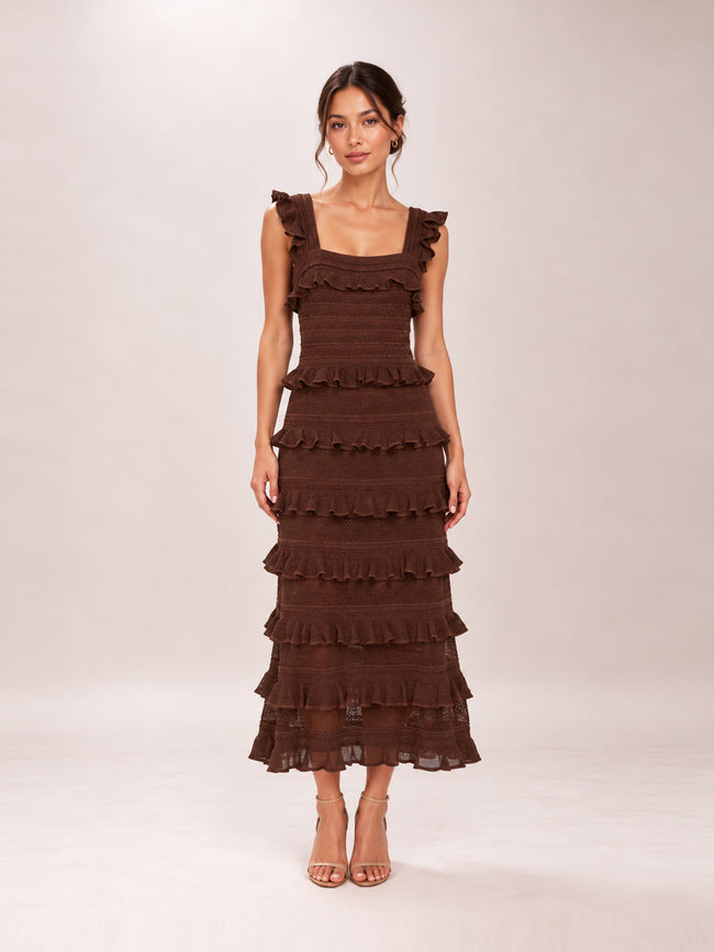 Metallic Chocolate Hypnotic Lace Frill Midi Dress