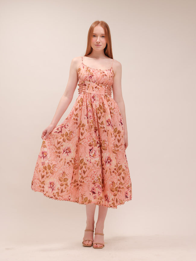 Rosa Lace-Up Floral-Print Poplin Midi Dress