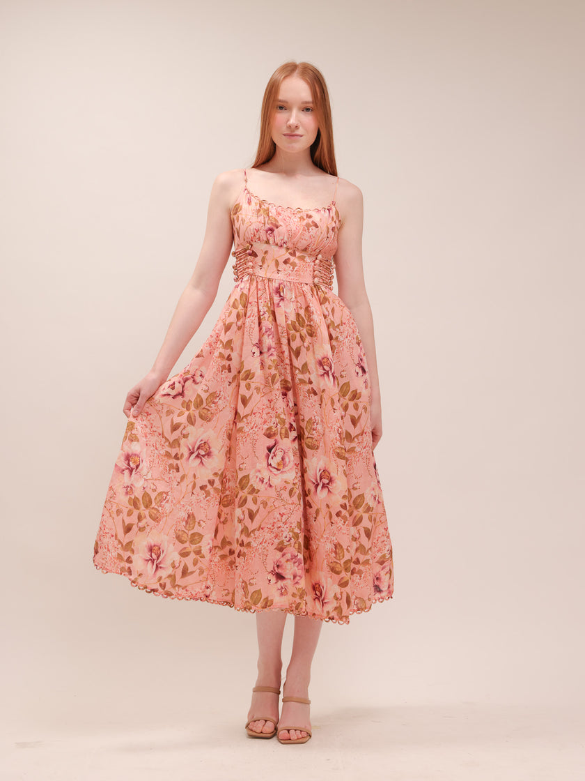 Rosa Lace-Up Floral-Print Poplin Midi Dress
