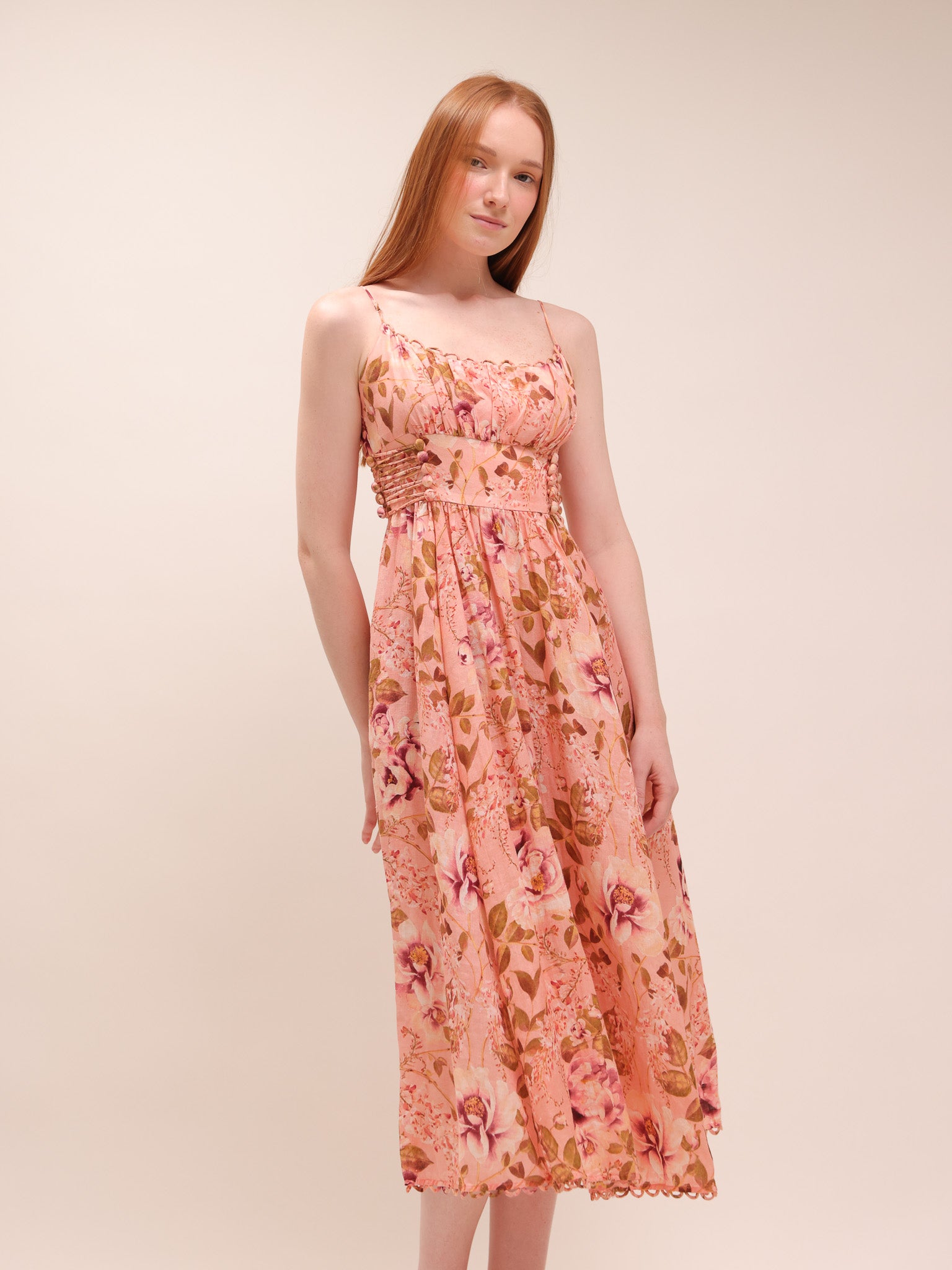 Rosa Lace-Up Floral-Print Poplin Midi Dress