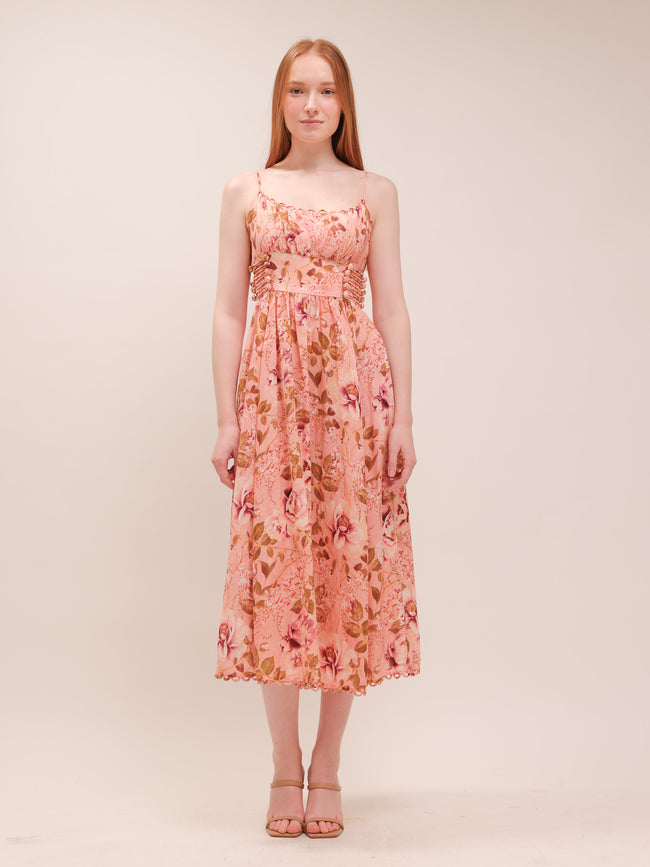 Rosa Lace-Up Floral-Print Poplin Midi Dress