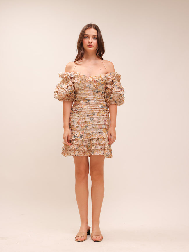 Painted Hearts Folds Mini Dress Peach Tapestry