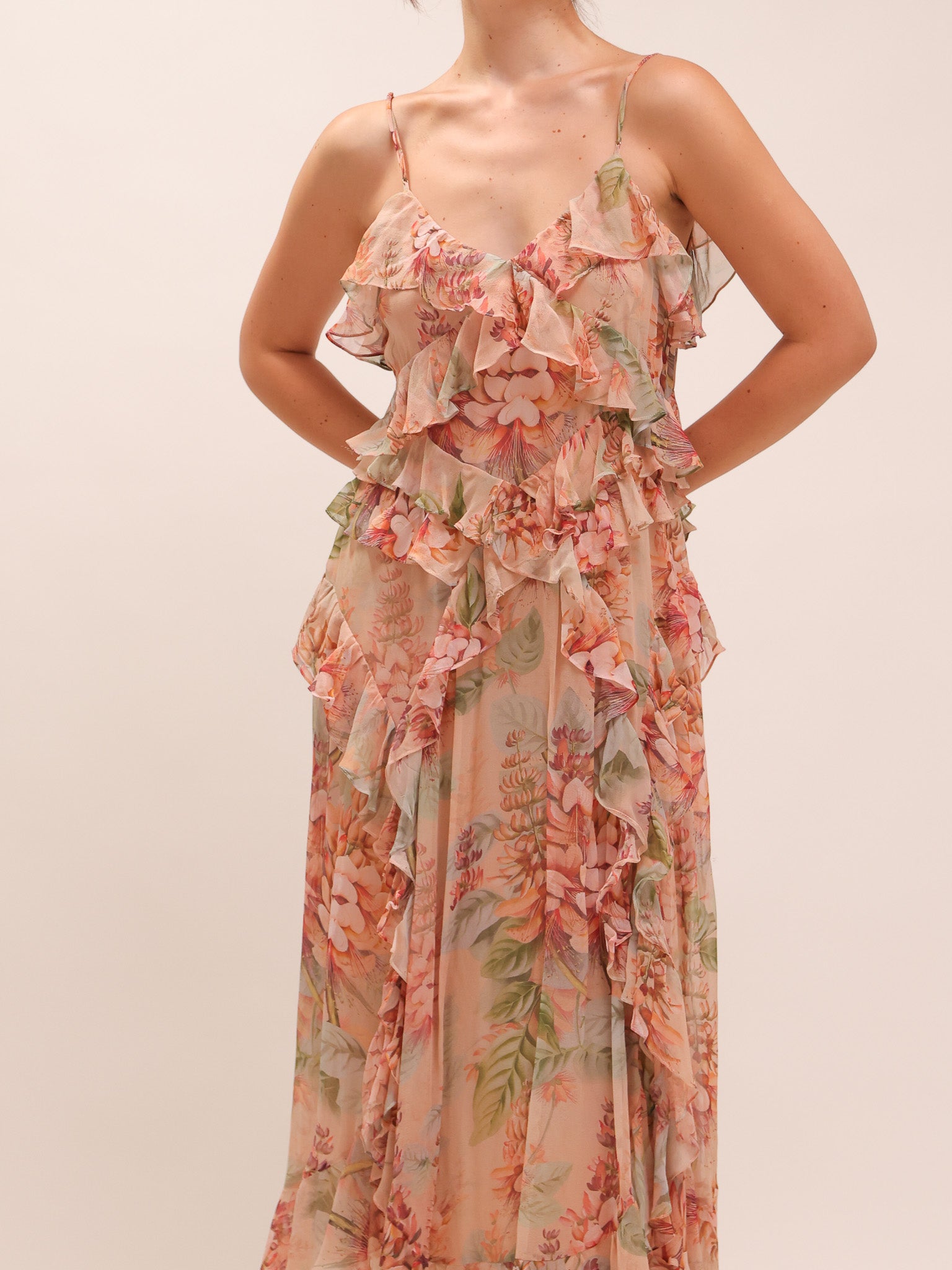 Candescent Coral Tree-Print Silk-Chiffon Dress