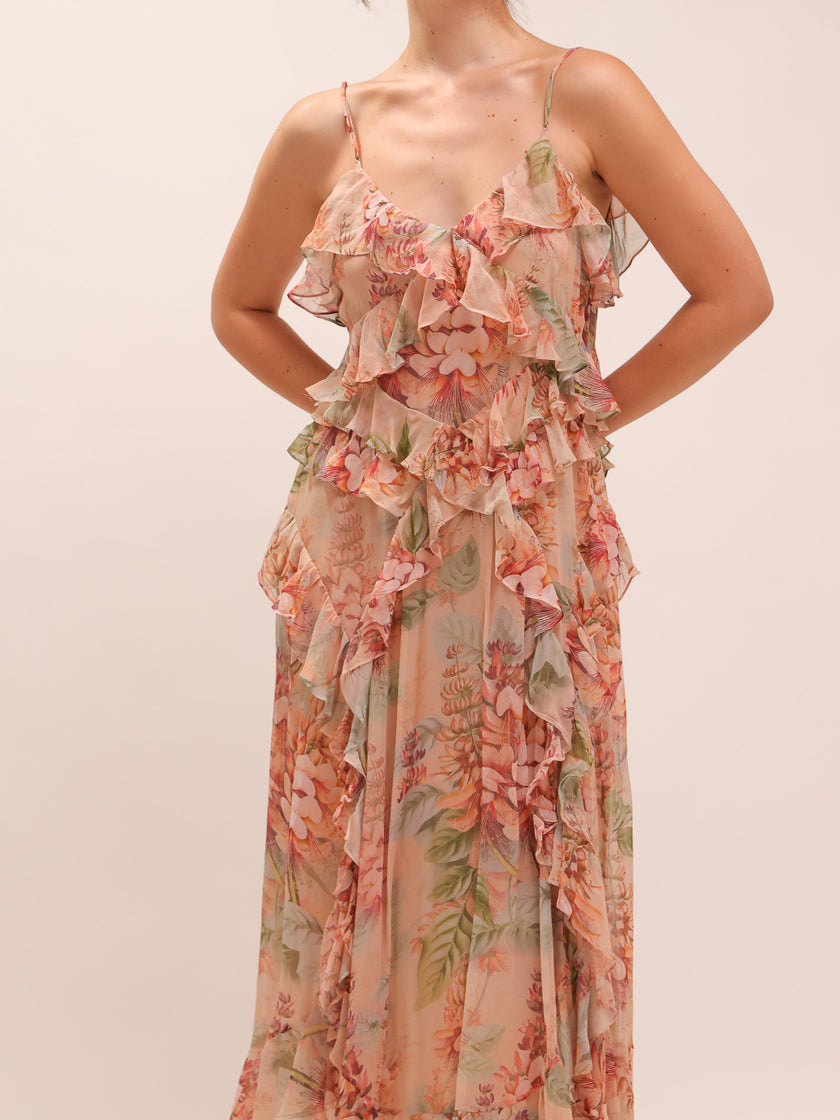 Candescent Coral Tree-Print Silk-Chiffon Dress