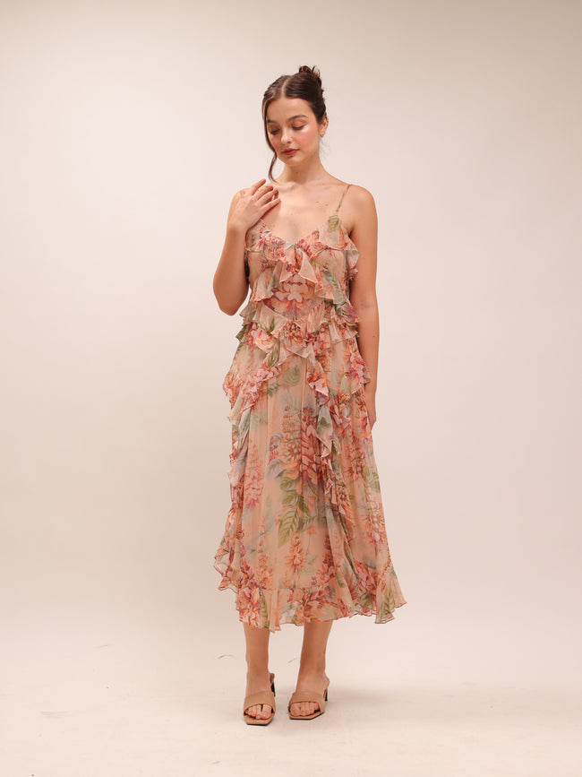 Candescent Coral Tree-Print Silk-Chiffon Dress
