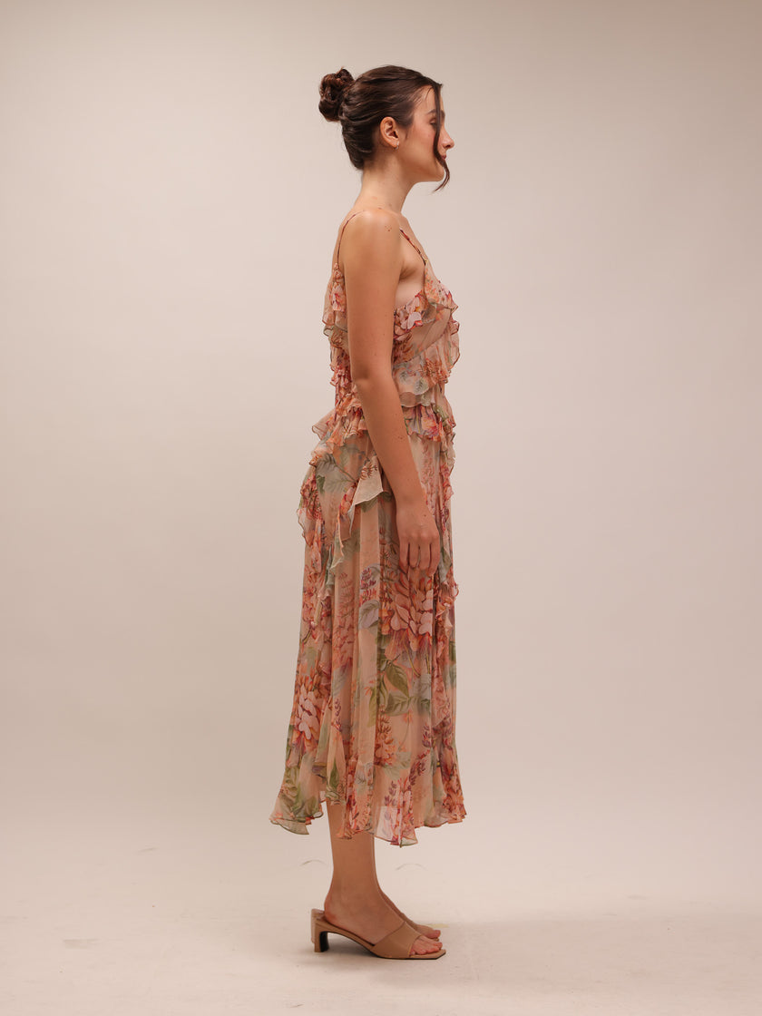 Candescent Coral Tree-Print Silk-Chiffon Dress